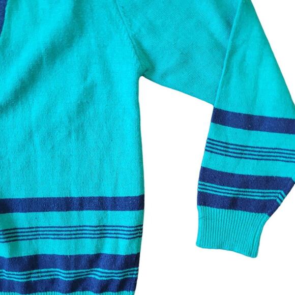 BEDFORD FAIR Womens Blue Silk Turquoise Cardigan Sweater Medium Striped V-Neck - Picture 2 of 9